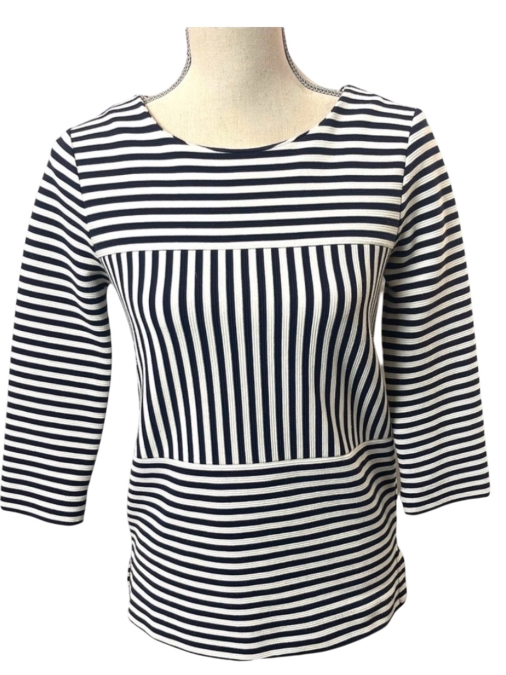 Madewell Navy/White Vertical Horizontal Stripe 7/8 Sleeve Scoop Neck Top (XS)